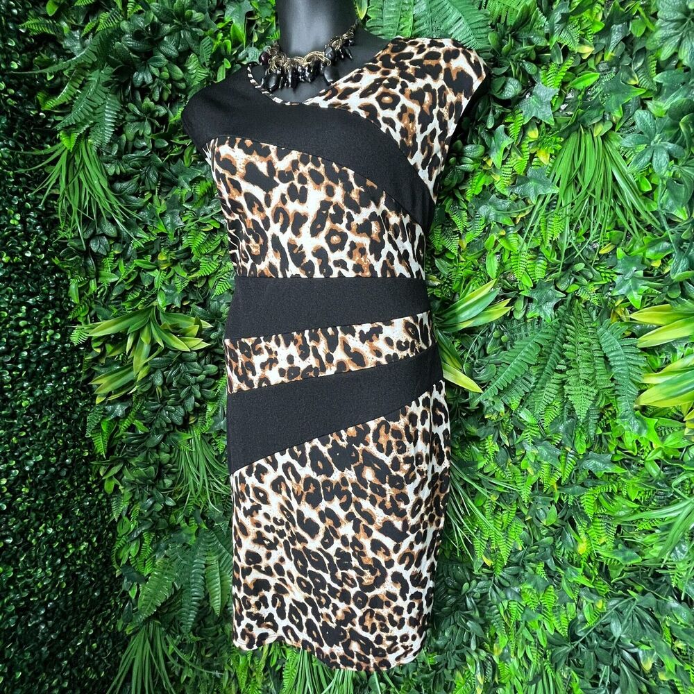 Women Dress‎ Plus 3XL Black Leopard V Neck Sheath Stretch Fitted Spin 0976